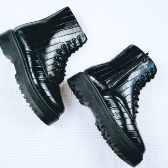 Black Combat Boots in Embossed Crocodile - Picture 7 of 9